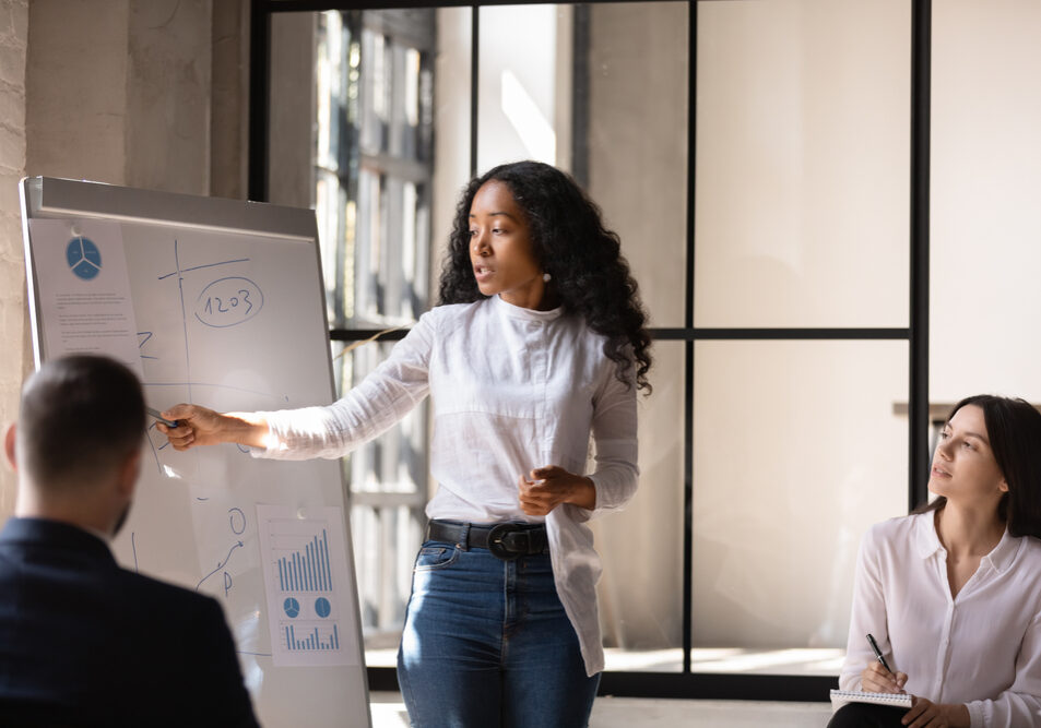 Young,African,American,Female,Coach,Or,Speaker,Make,Whiteboard,Presentation